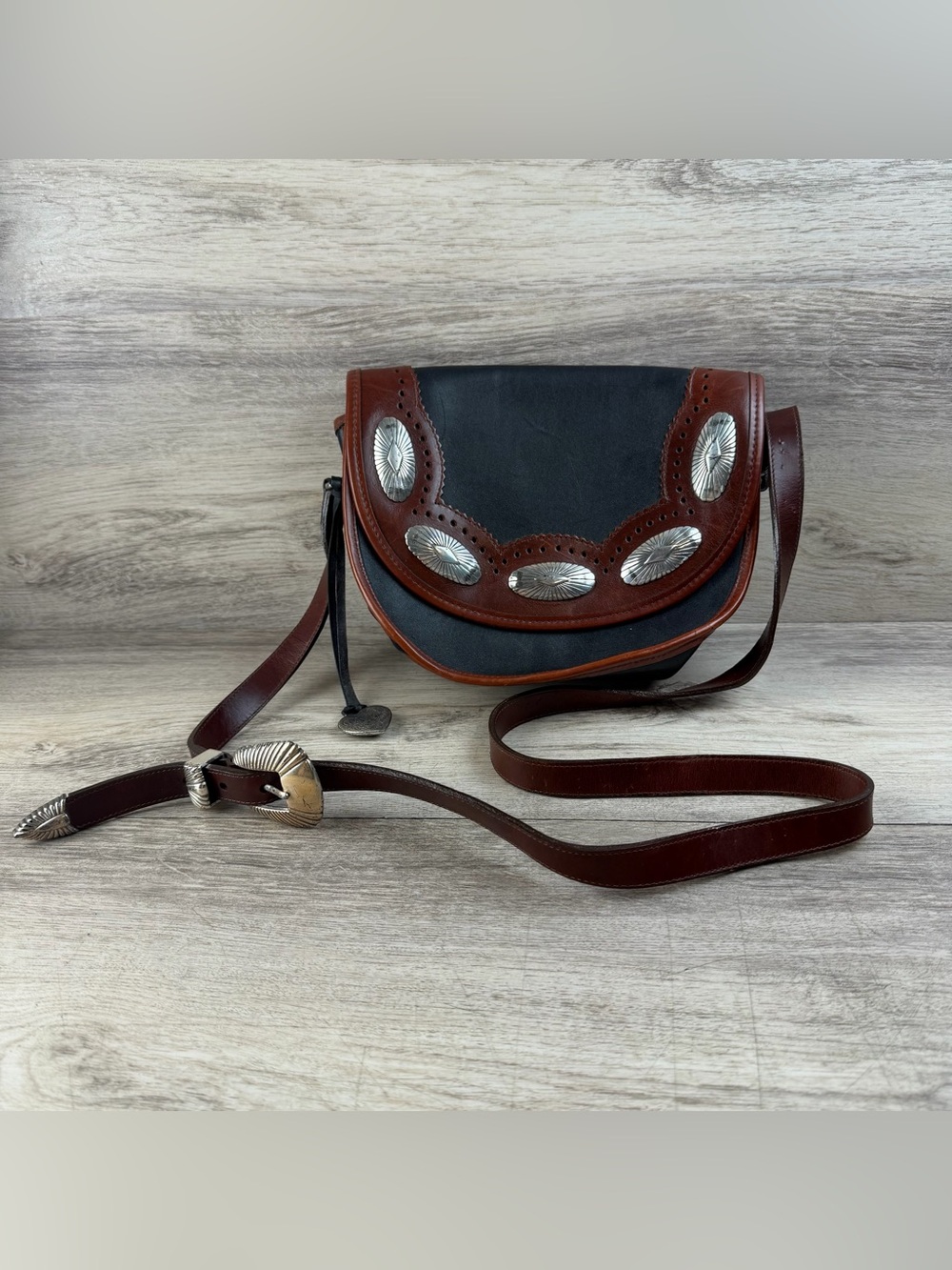 Brighton Out West Crossbody Bag Purse Leather Western Style Black Brown Silver